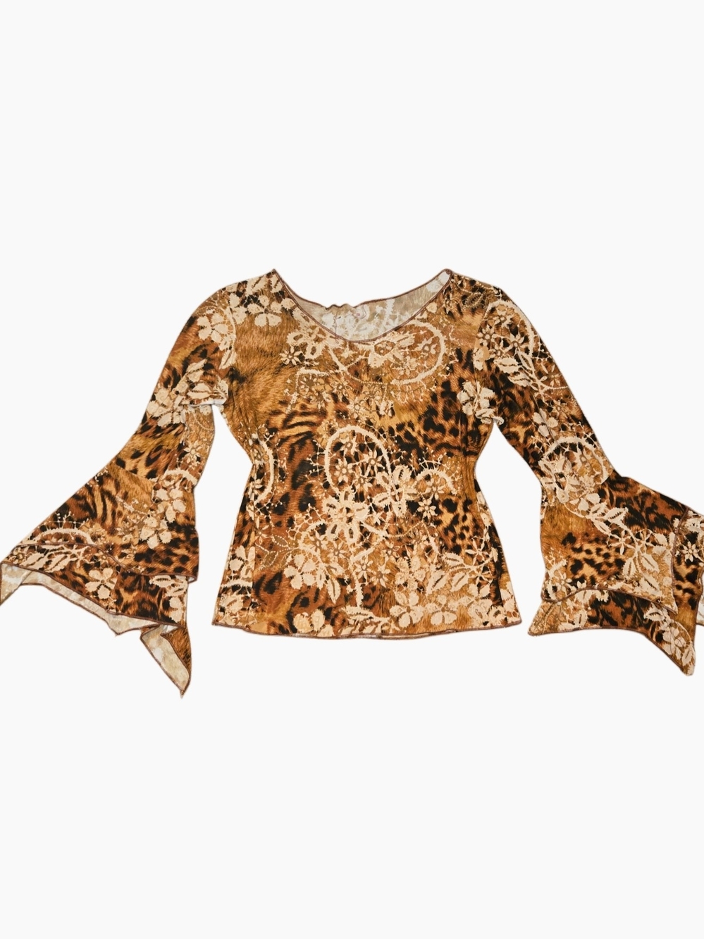 Vintage Y2k Brown Floral & Animal Print Bell Sleeve Top!